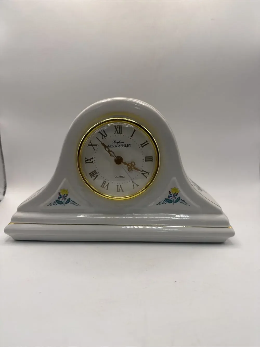 Parfums Laura Ashley Vintage Porcelain Mantle Clock Floral Gold Trim Works *